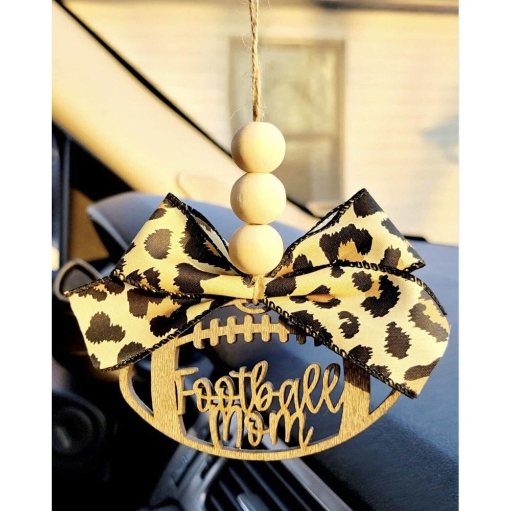 Football Mom Rearview Mirror Car Charm - Leopard Bow